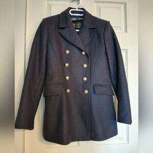 Zara Manteco Women's Double-Breasted Navy Blue Pea Coat, Size Medium (M)